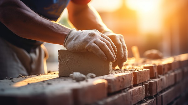 closeup of bricklayer hands laying brick wall of house